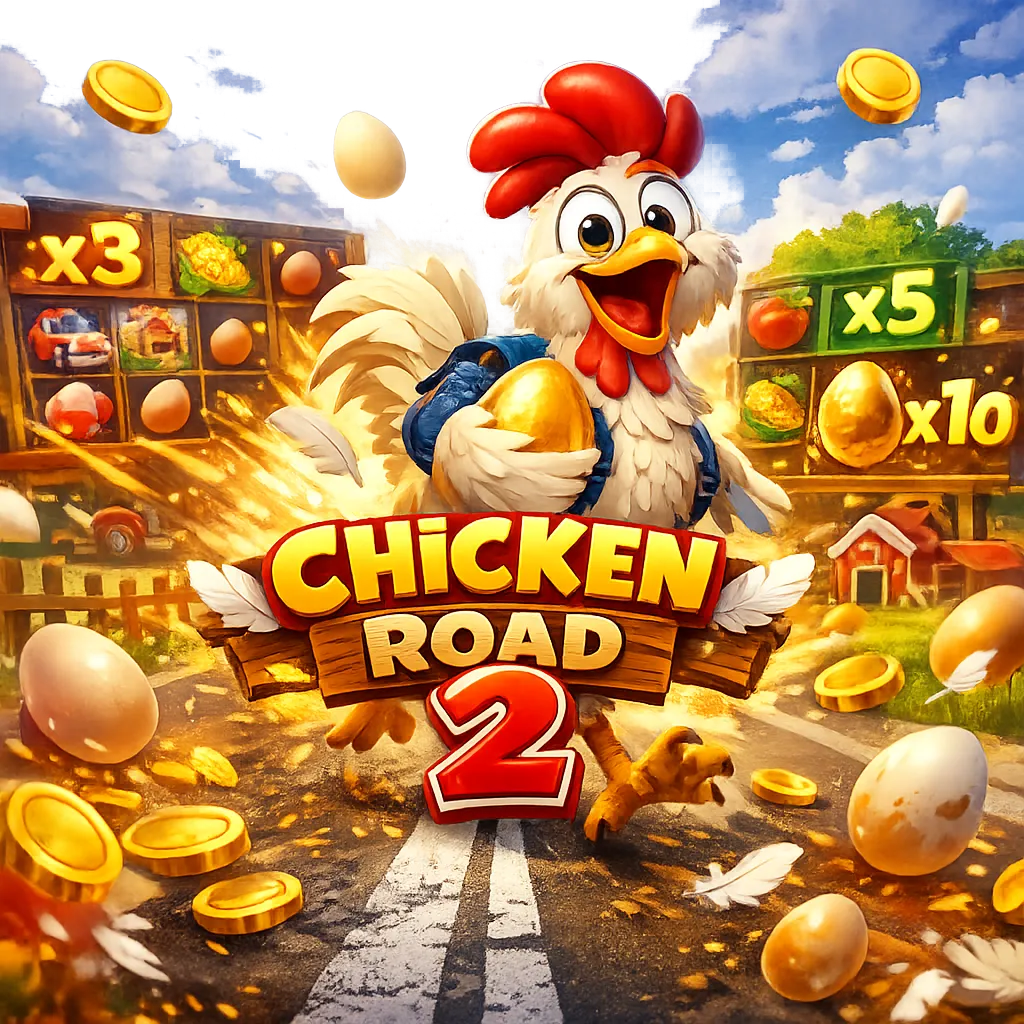 Dynamic promotional image showing a funny chicken on a road with eggs, feathers, and coins for the Chicken Road slot game.