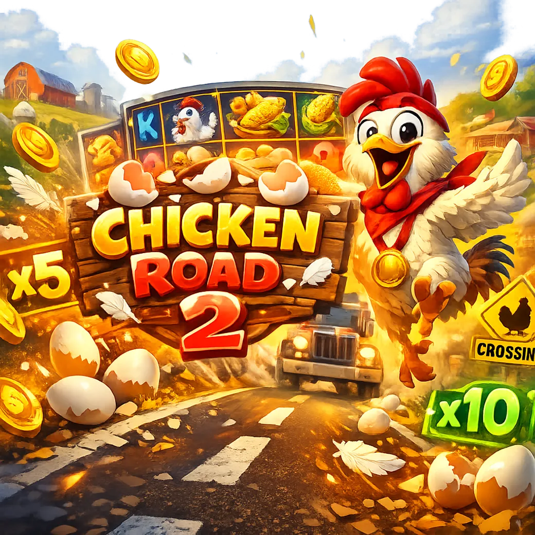 Dynamic promotional image for Chicken Road slot game featuring a funny chicken crossing road.